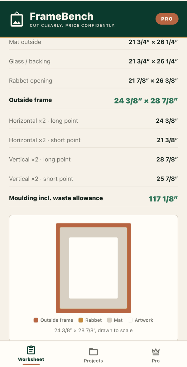 FrameBench checked cut worksheet on iPhone