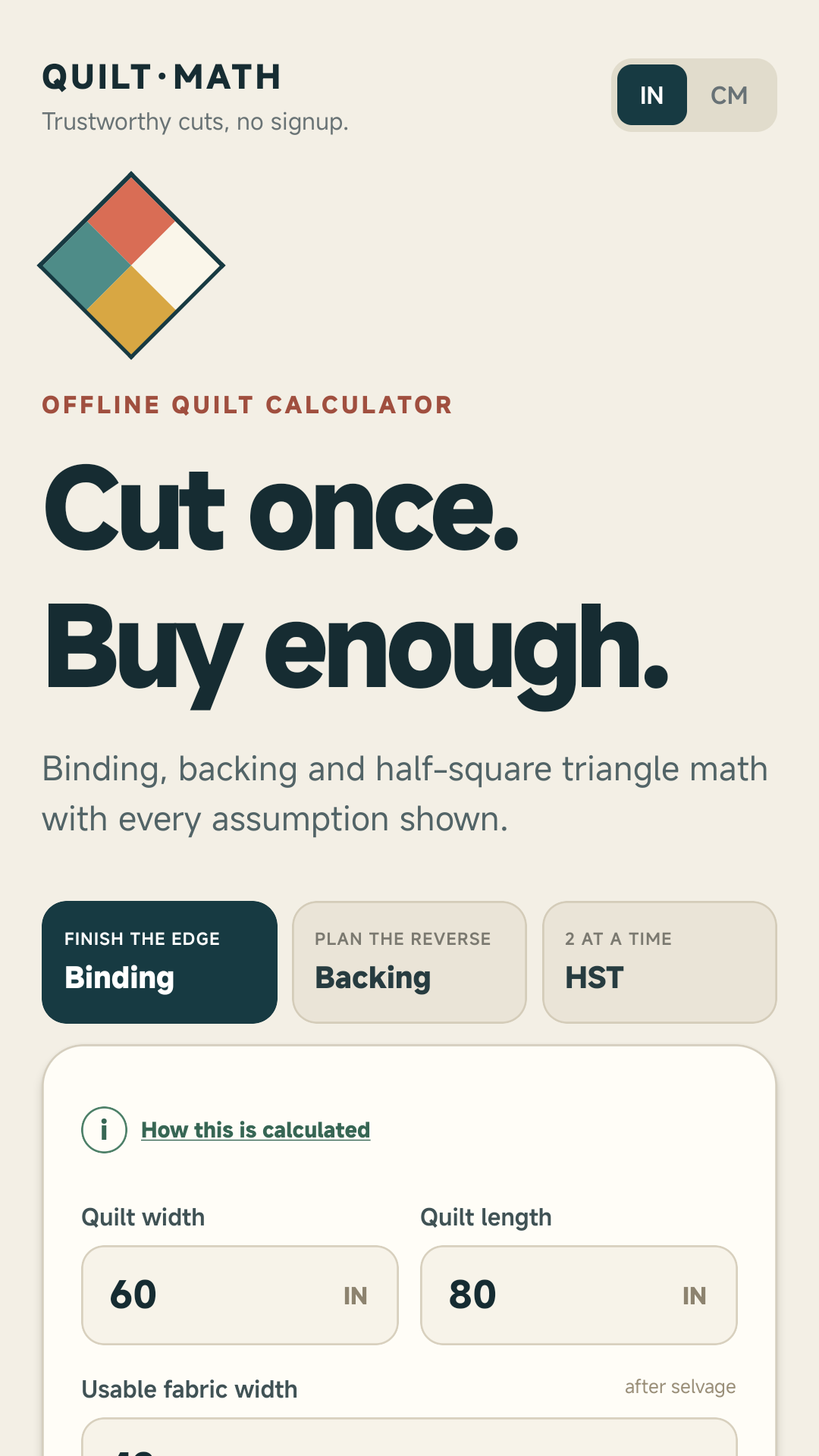 QuiltMath opening screen with the free Binding, Backing and HST calculators
