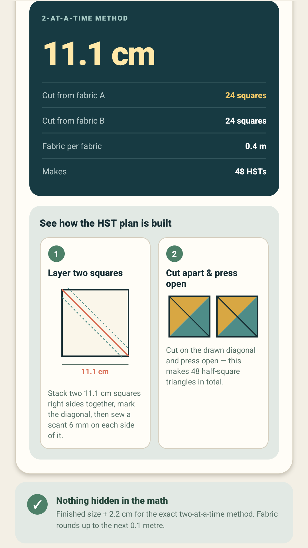 QuiltMath metric half-square triangle calculator and visual guide