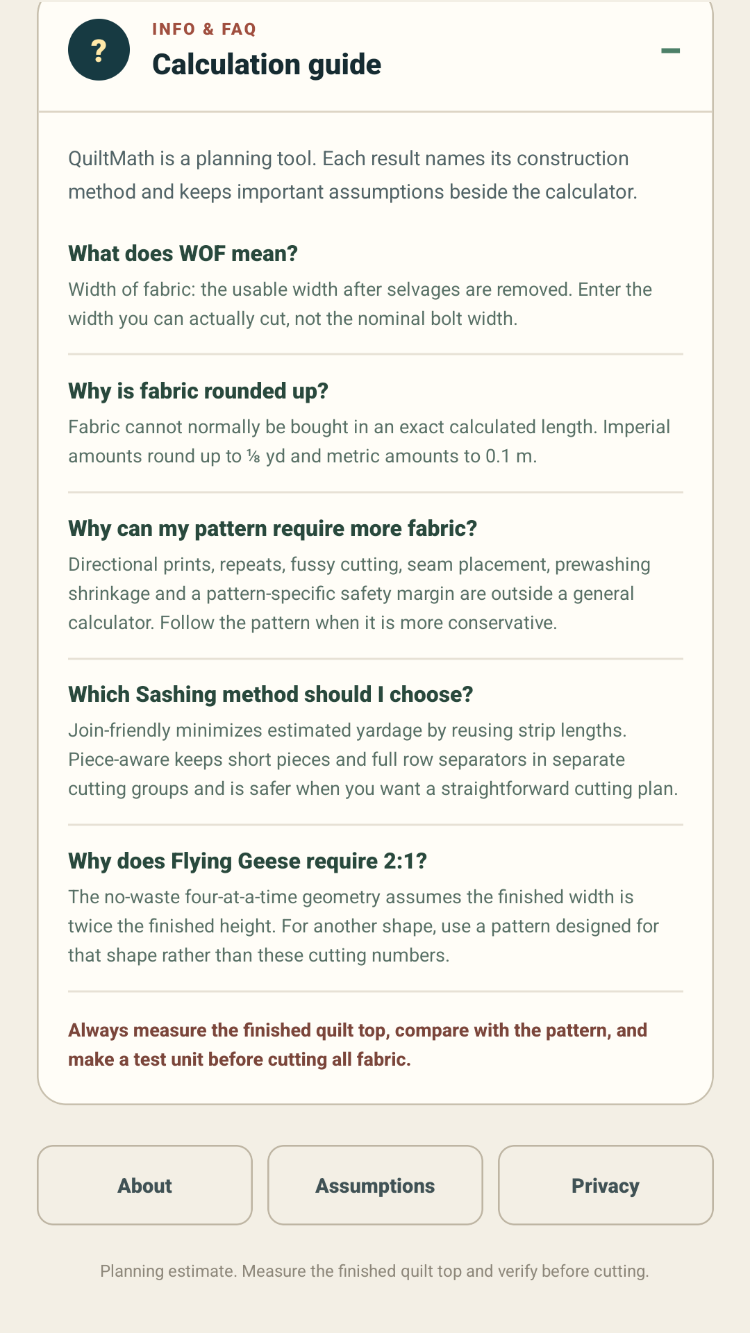 QuiltMath calculation guide explaining assumptions, inputs and practical rounding