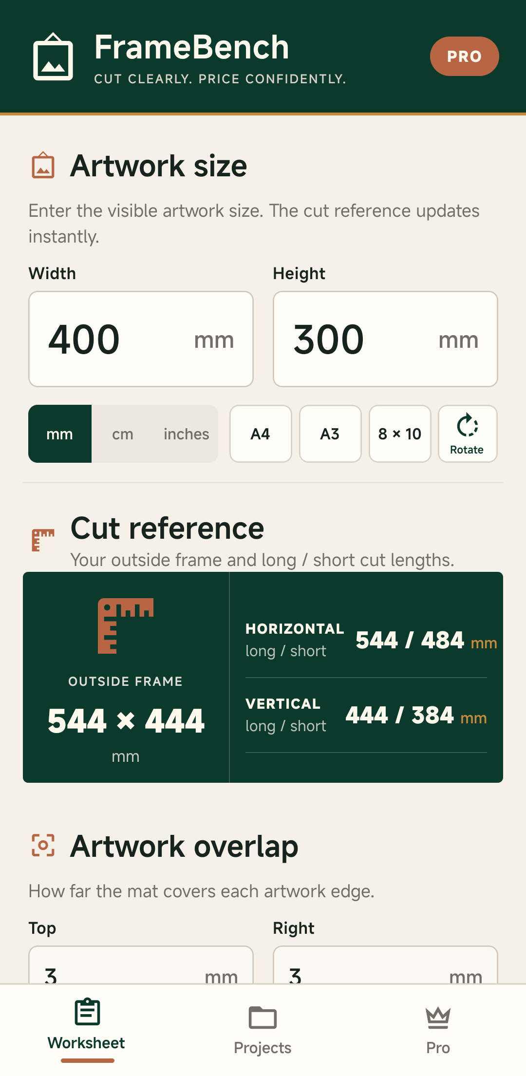 FrameBench Android cut worksheet for picture framing