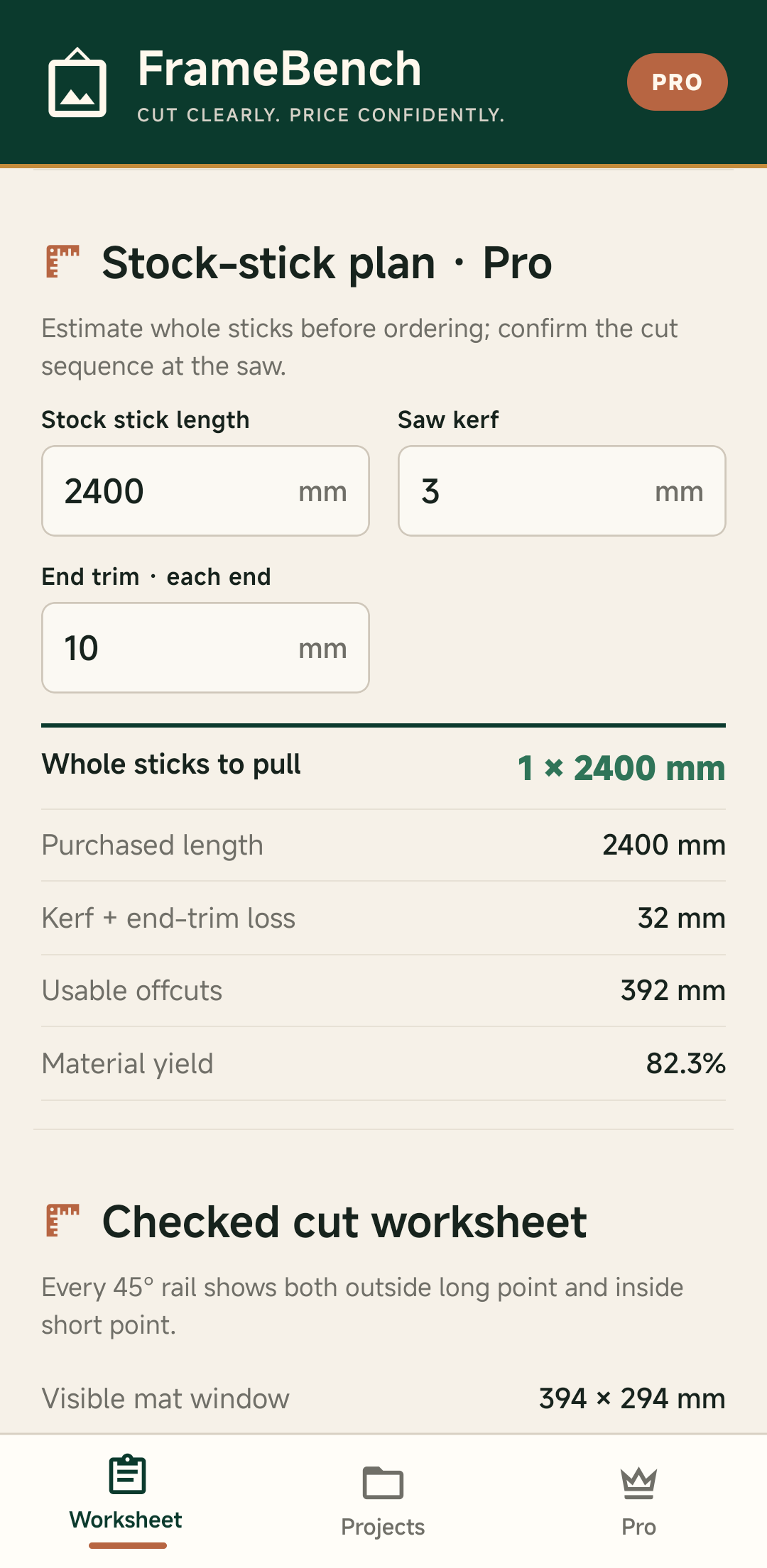 FrameBench Pro stock-stick plan with kerf, end trim and yield