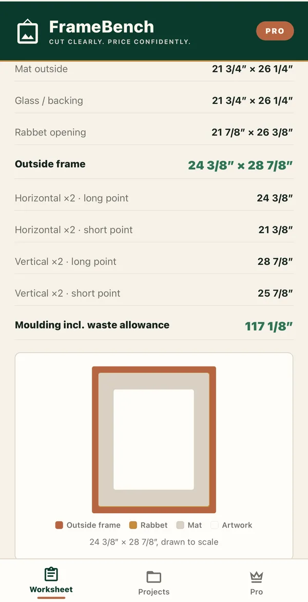 FrameBench checked cut worksheet and frame diagram on iPhone