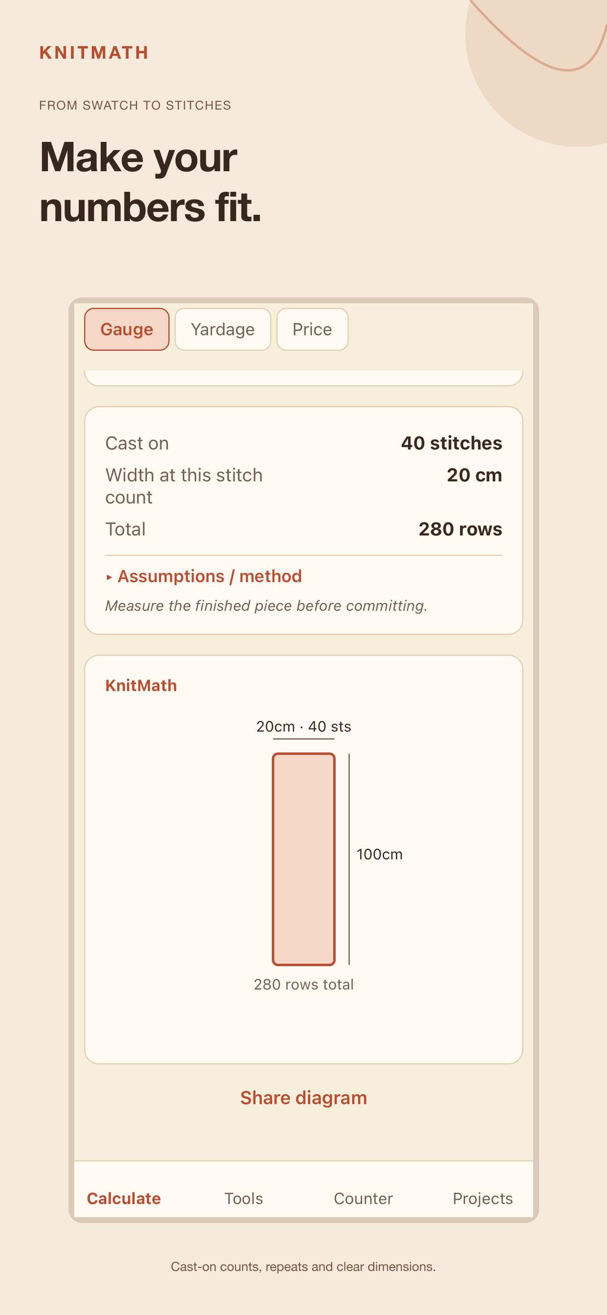 KnitMath gauge calculator on iPhone
