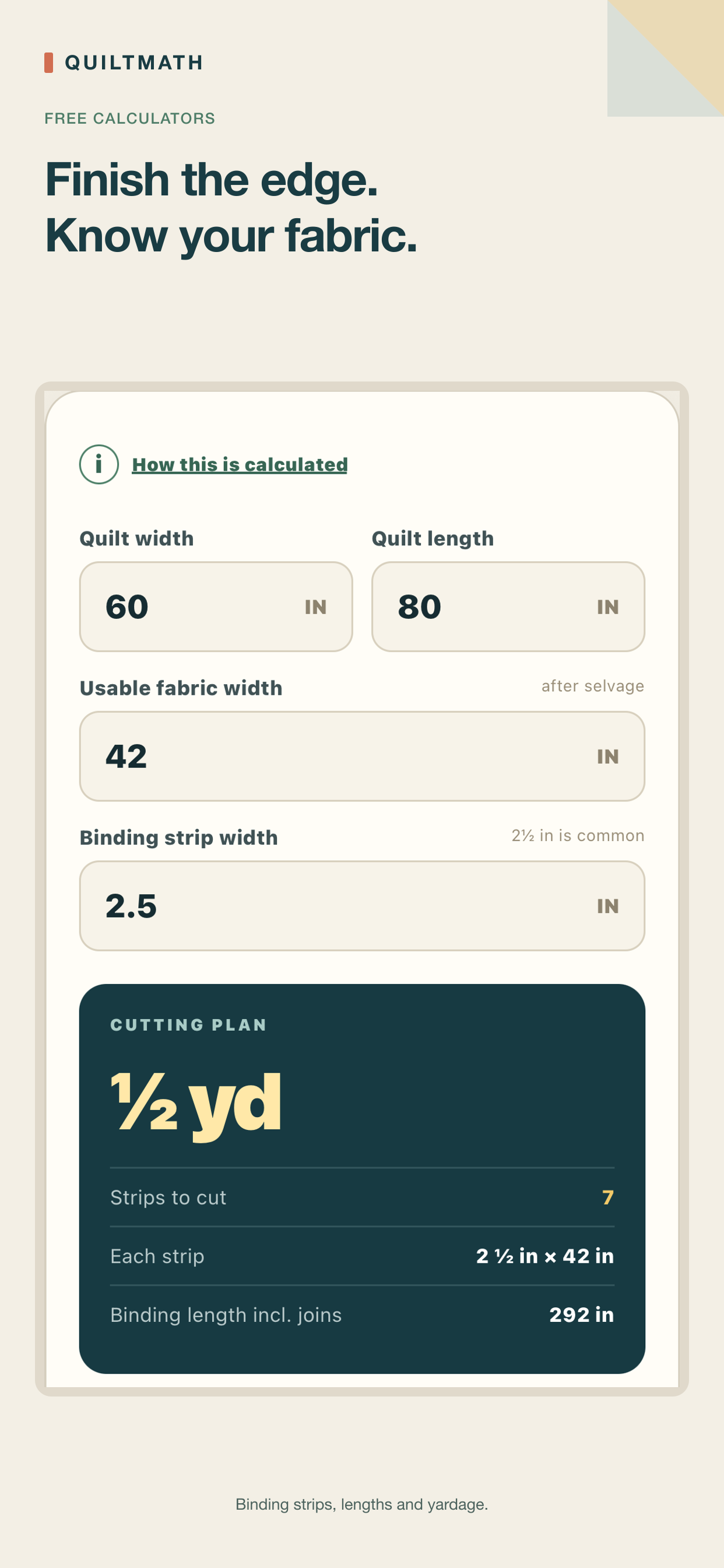 QuiltMath Binding calculator on iPhone with fabric estimates and a visual guide
