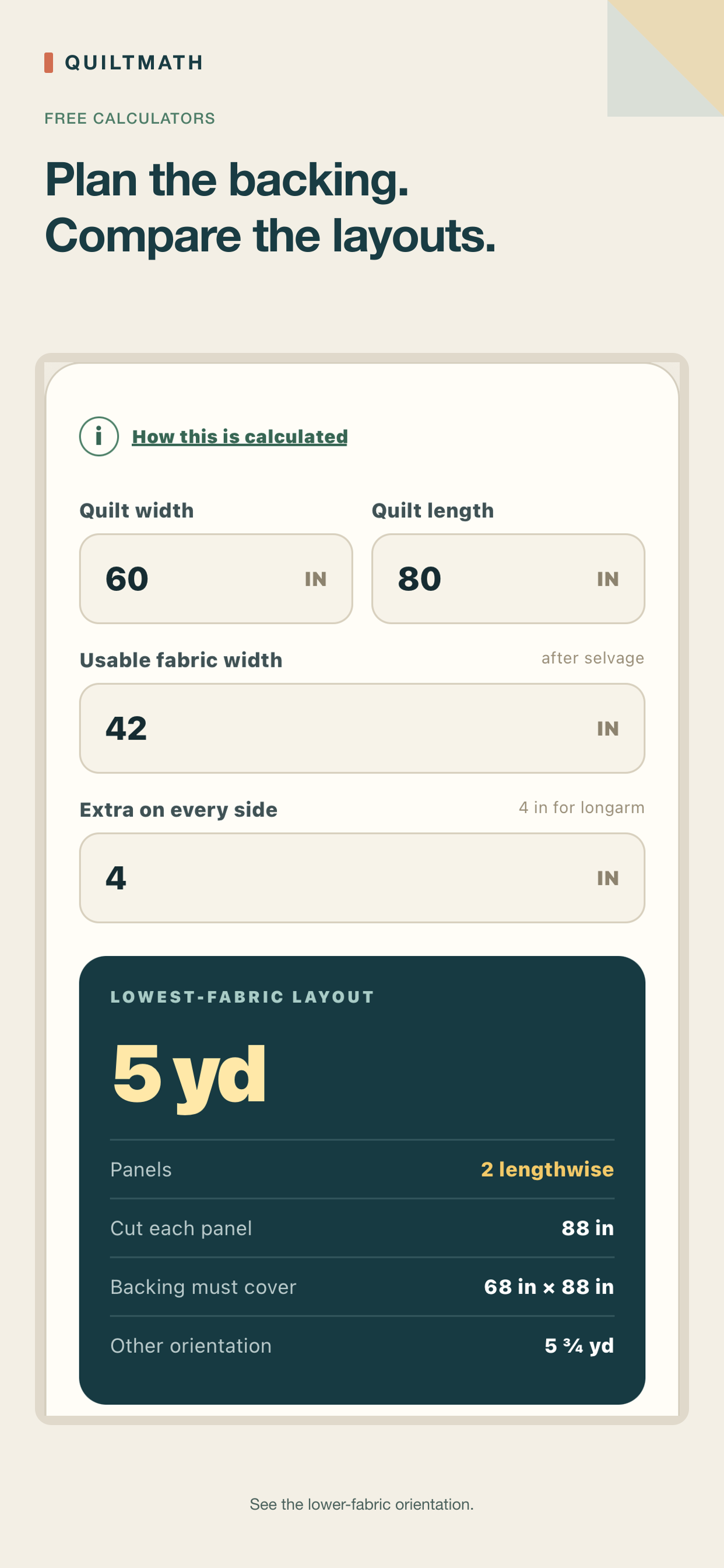QuiltMath Backing calculator