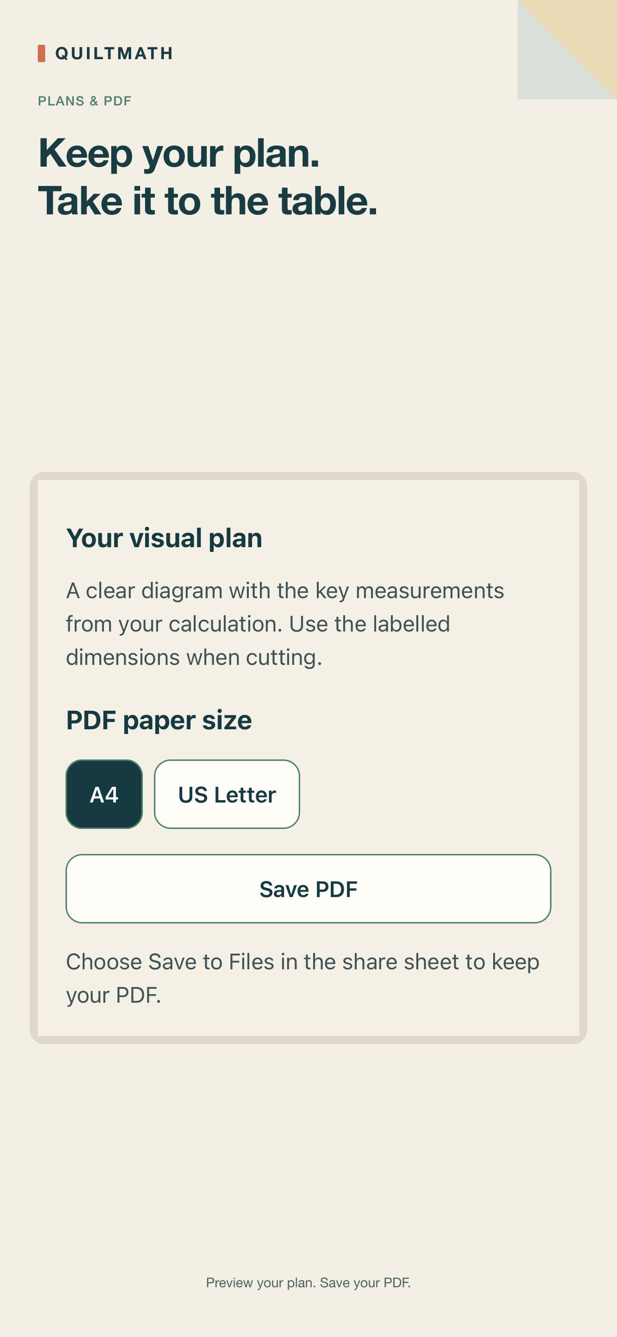 QuiltMath visual plan and Save PDF