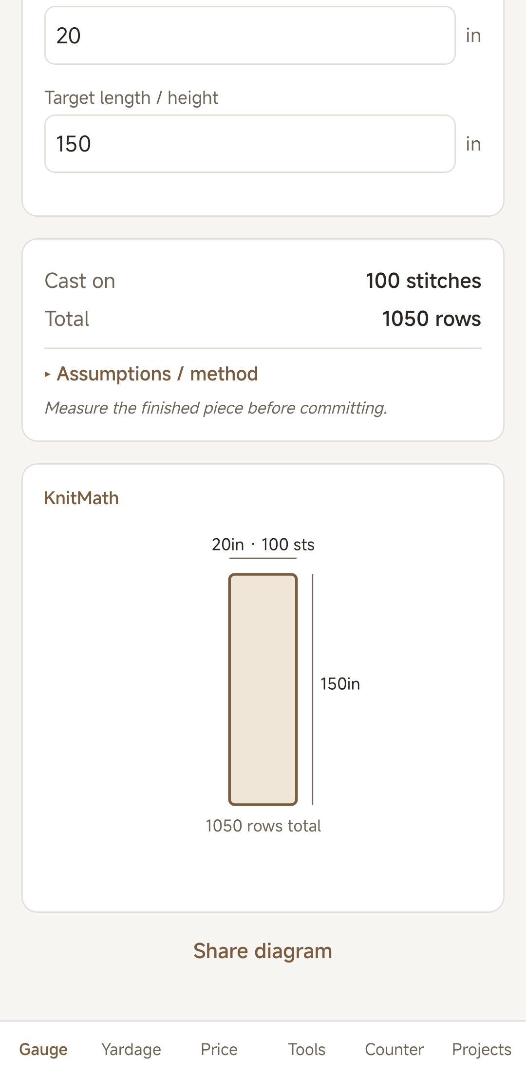 KnitMath gauge result with cast-on stitches, total rows and a scaled diagram