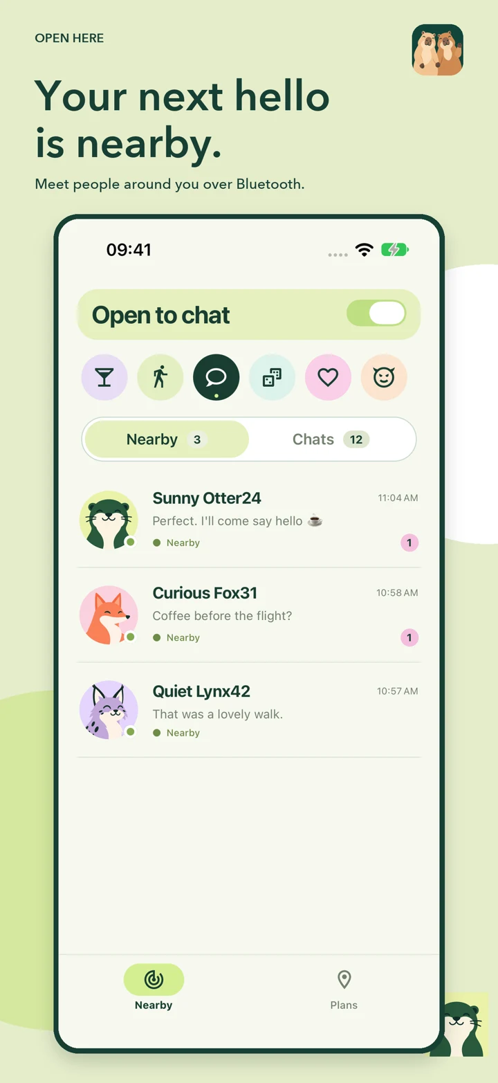 Open Here nearby conversations with friendly animal avatars